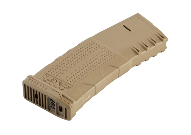 Tan polymer rifle magazine on white background