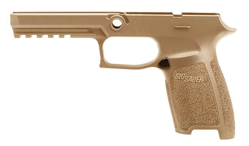 Tan SIG Sauer pistol frame on white background