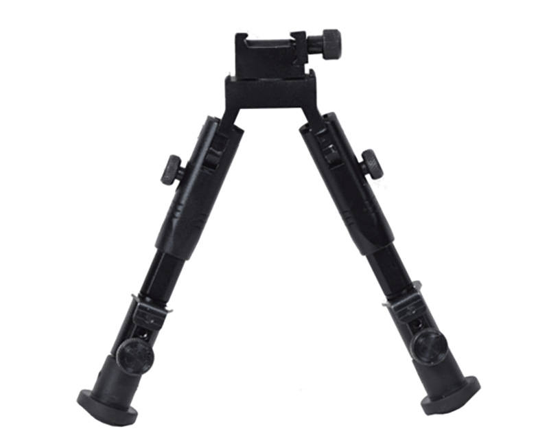 Black adjustable rifle bipod on white background