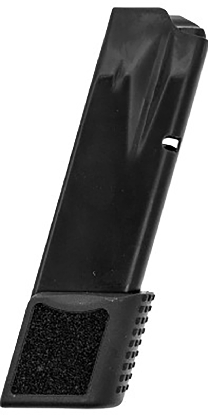 Black handgun magazine with extended grip baseplate