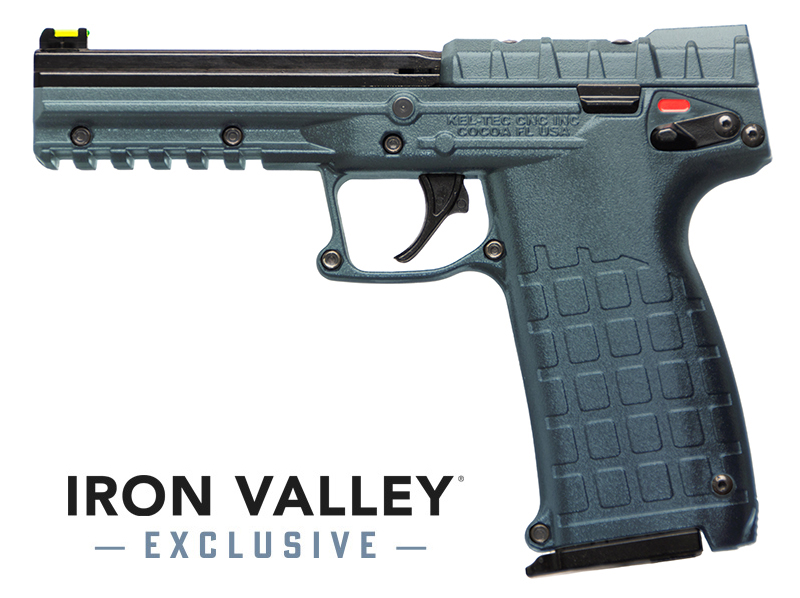 Teal Kel-Tec semi-automatic pistol on white background