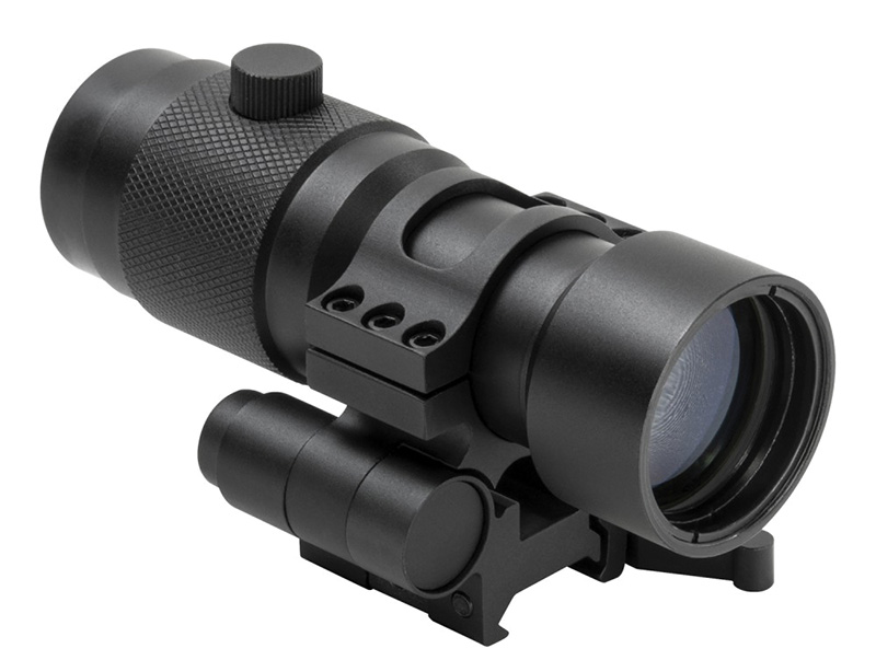 Black tactical rifle scope with mounting bracket