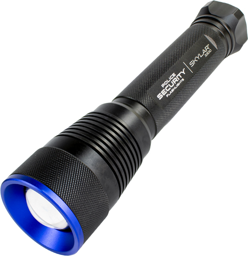 Black tactical LED flashlight with blue bezel