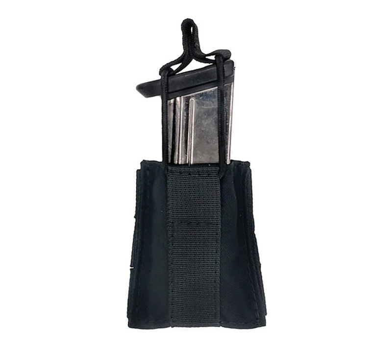 Black tactical magazine pouch with metal magazine