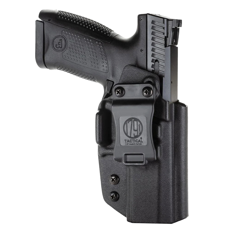 Black handgun in tactical holster on white background