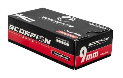 Box of Scorpion 9mm ammunition cartridges