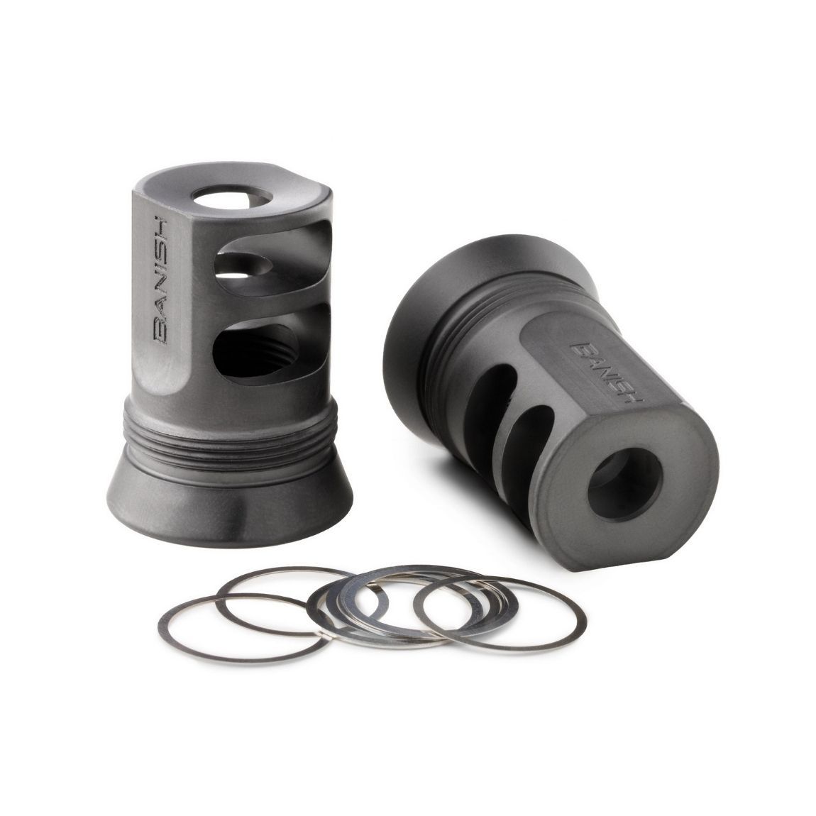 Two metal muzzle brakes with washers