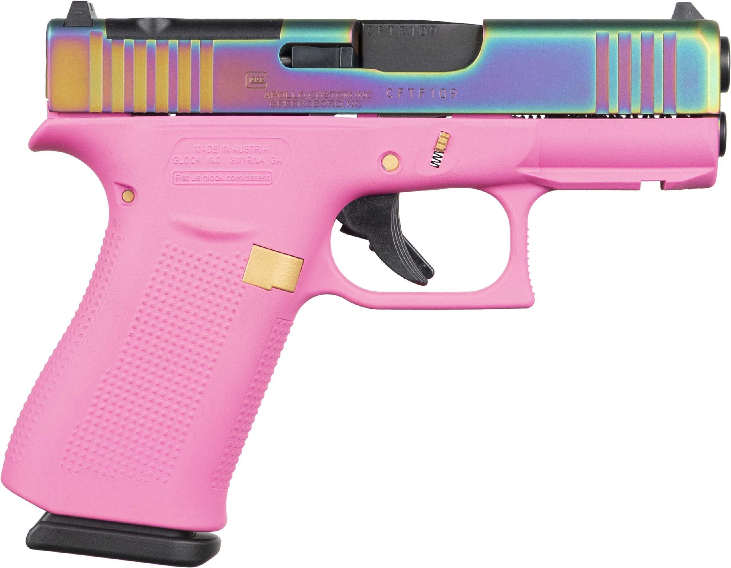 Pink Glock pistol with rainbow slide finish