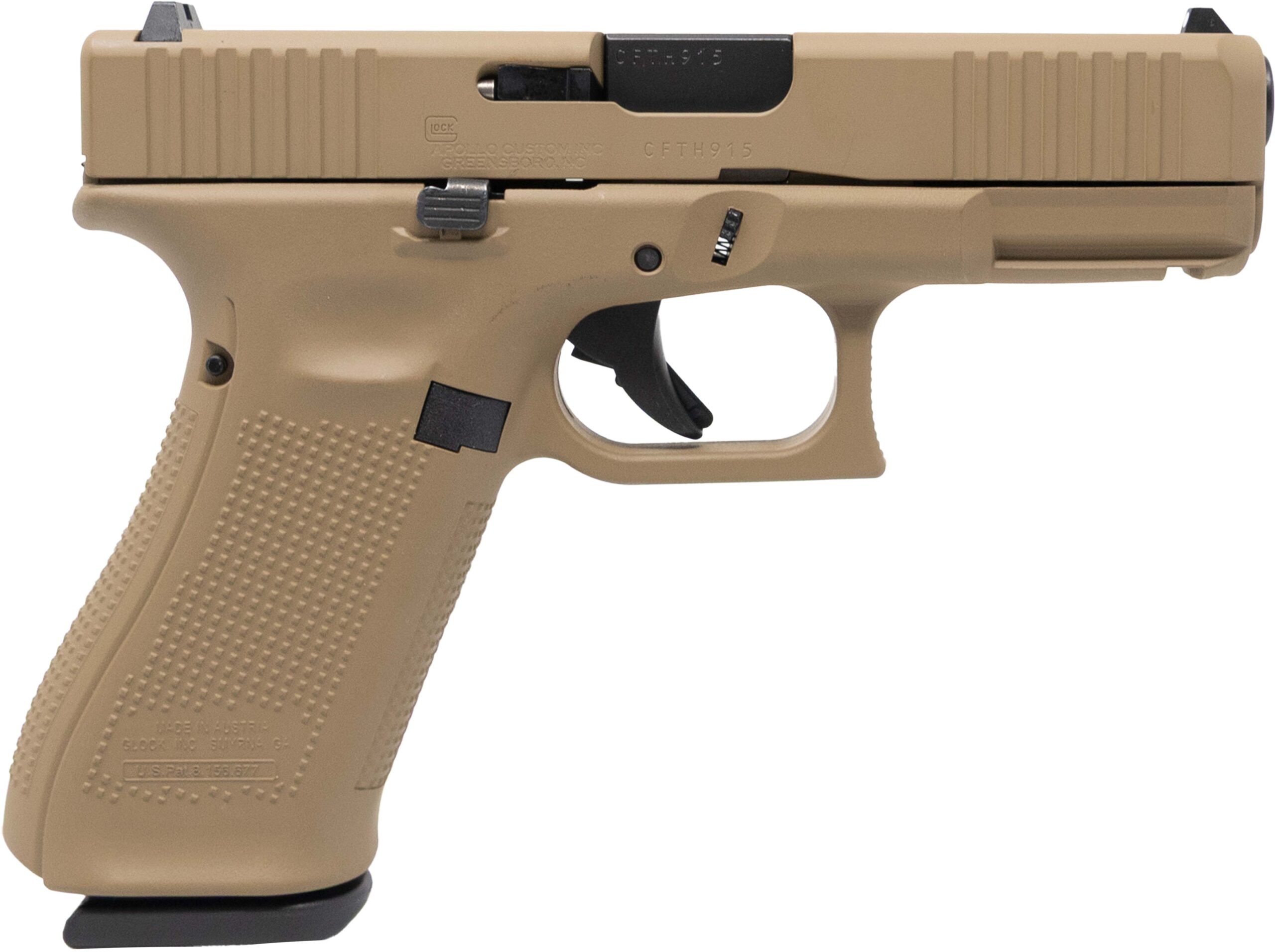 Tan semi-automatic handgun on white background