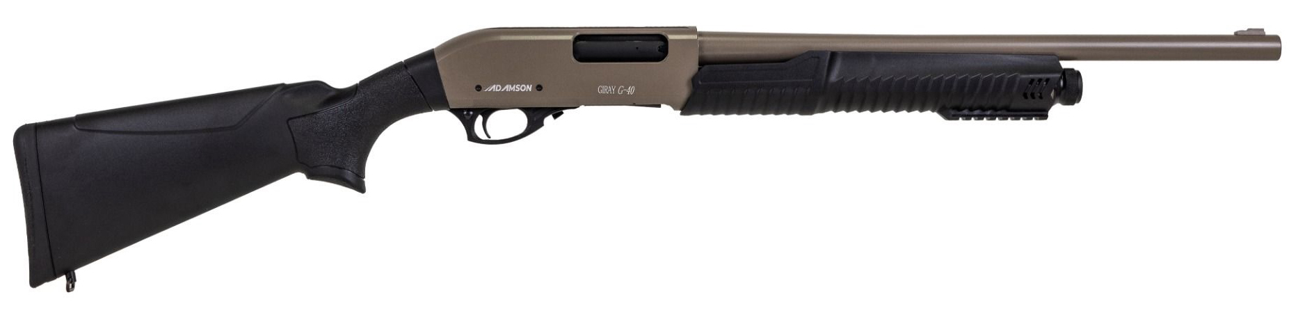 Black and tan pump-action shotgun on white background