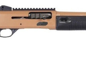 Tan and black tactical pump-action shotgun
