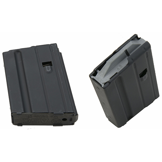Two metal rifle magazines on white background