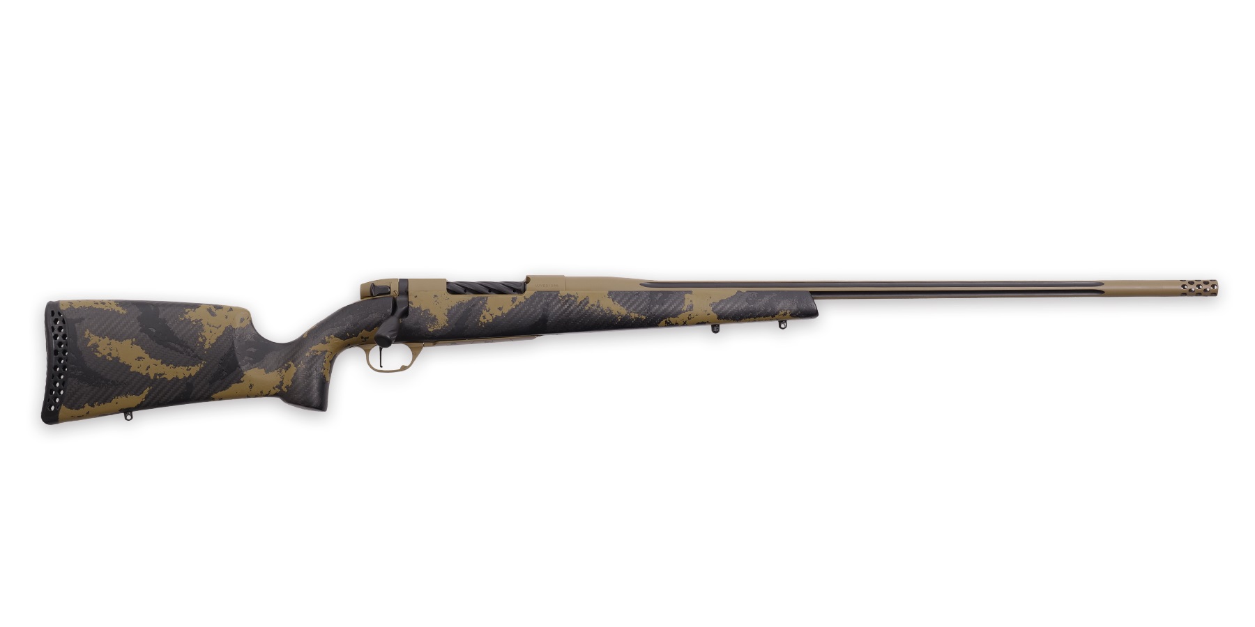 Camouflage bolt-action rifle on white background