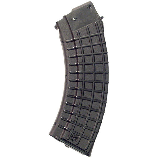 Curved black rifle magazine on white background