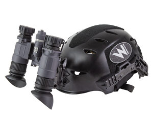 Black tactical helmet with mounted night vision goggles