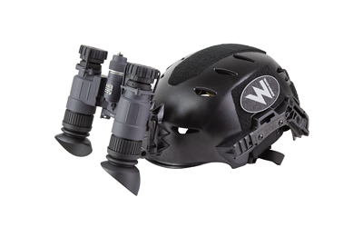 Black tactical helmet with mounted night vision goggles