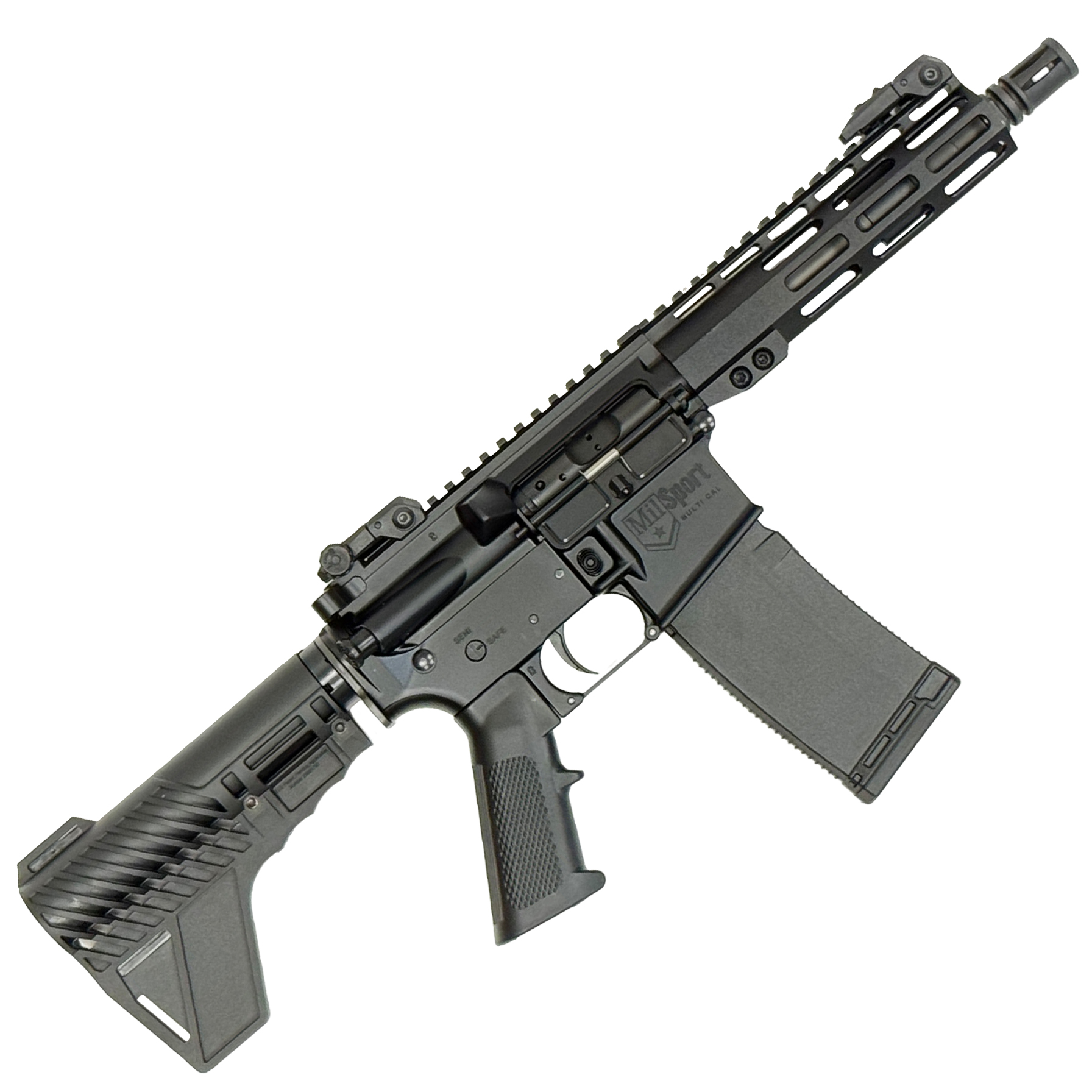 Black semi-automatic rifle on white background