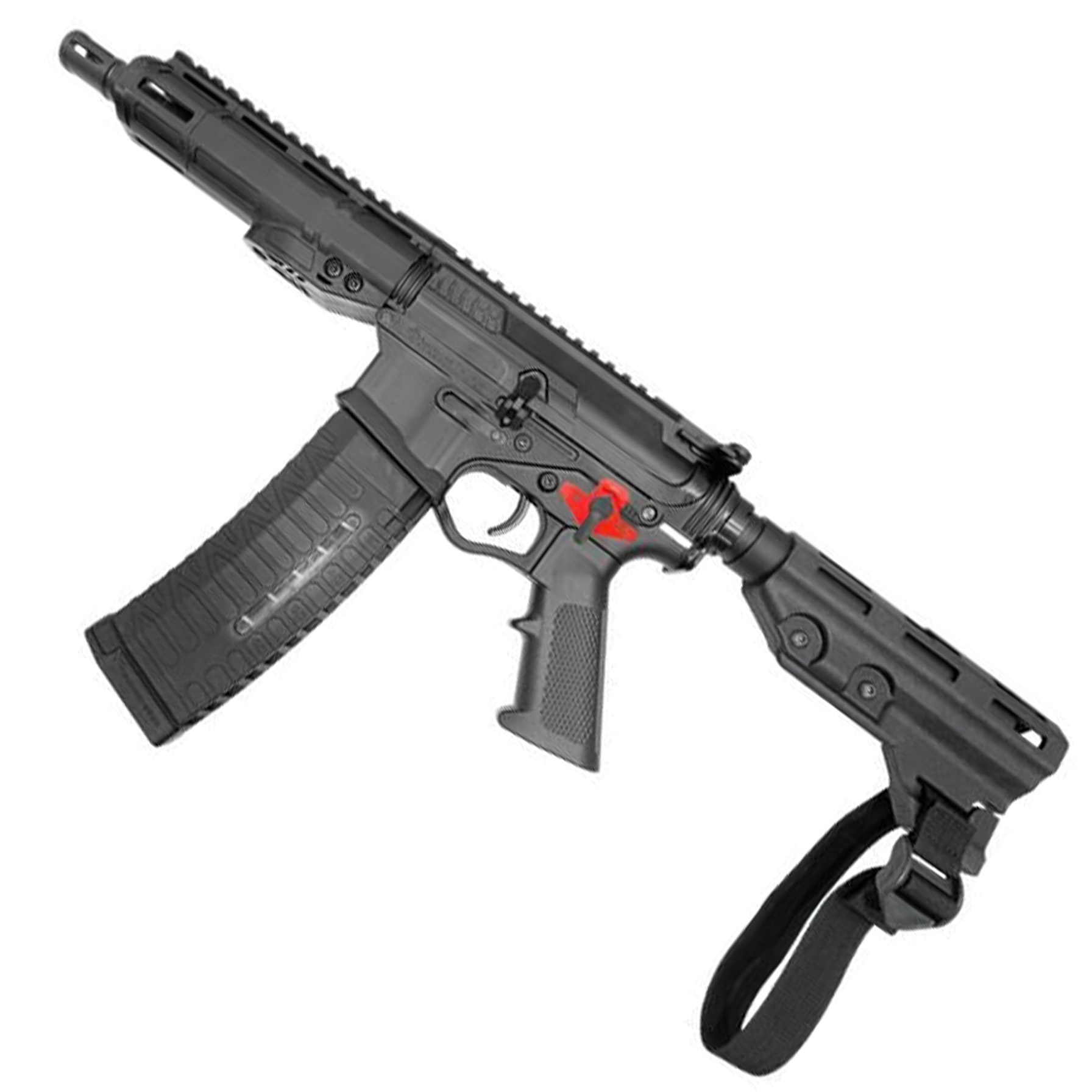 Black semi-automatic rifle with magazine and brace
