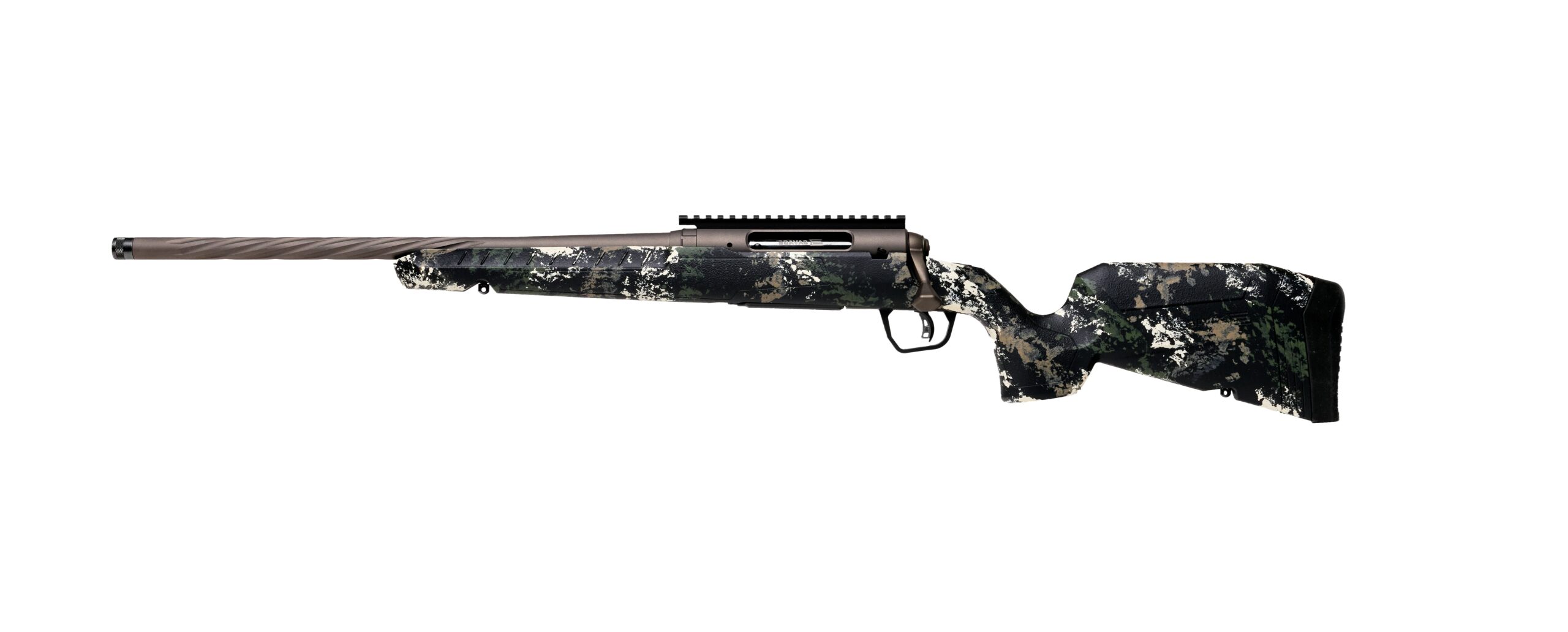 Camouflage bolt-action rifle on white background