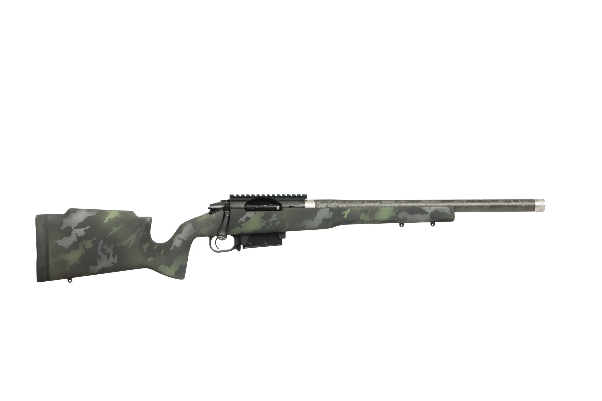 Camouflage bolt-action rifle on white background