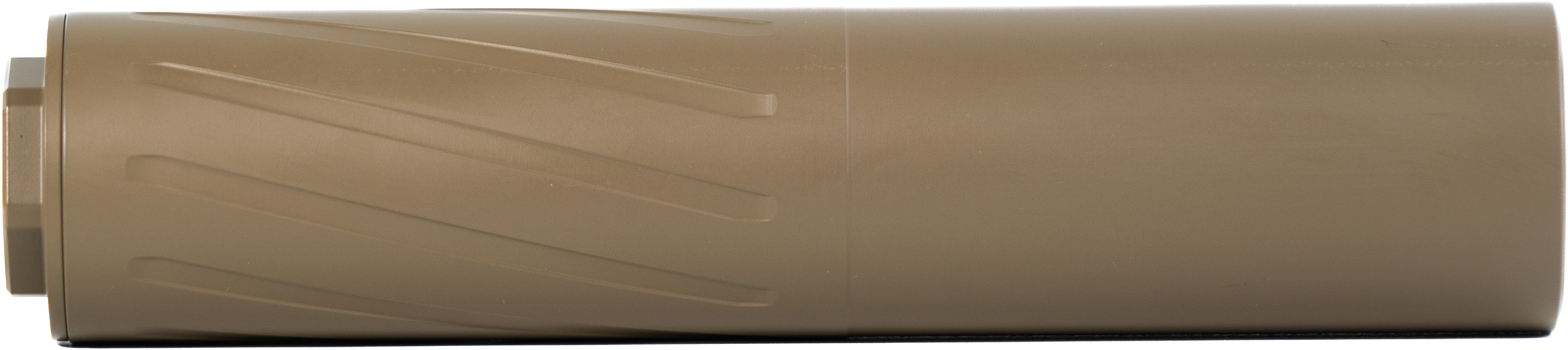 Tan cylindrical firearm suppressor on white background