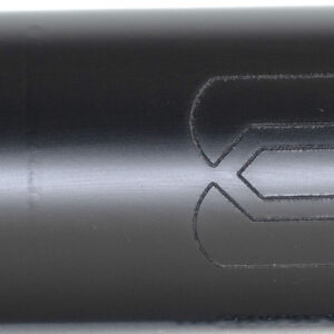 Black cylindrical firearm suppressor with engraved logo