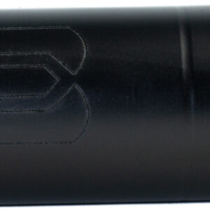 Black cylindrical firearm suppressor with engraved logo