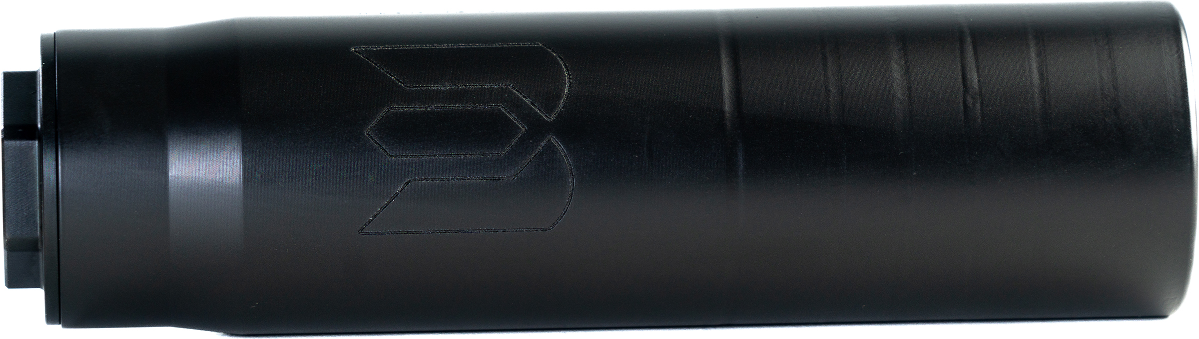 Black cylindrical firearm suppressor with engraved logo