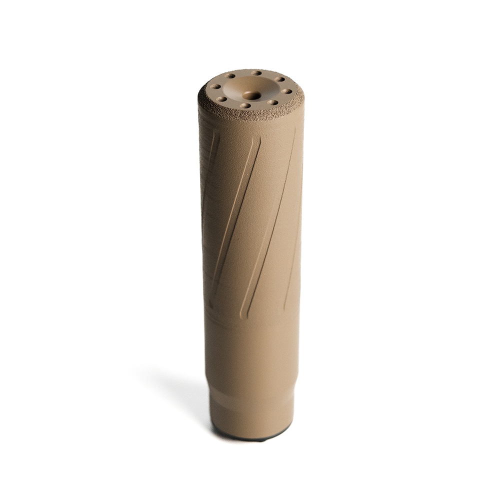 Tan cylindrical firearm suppressor on white background