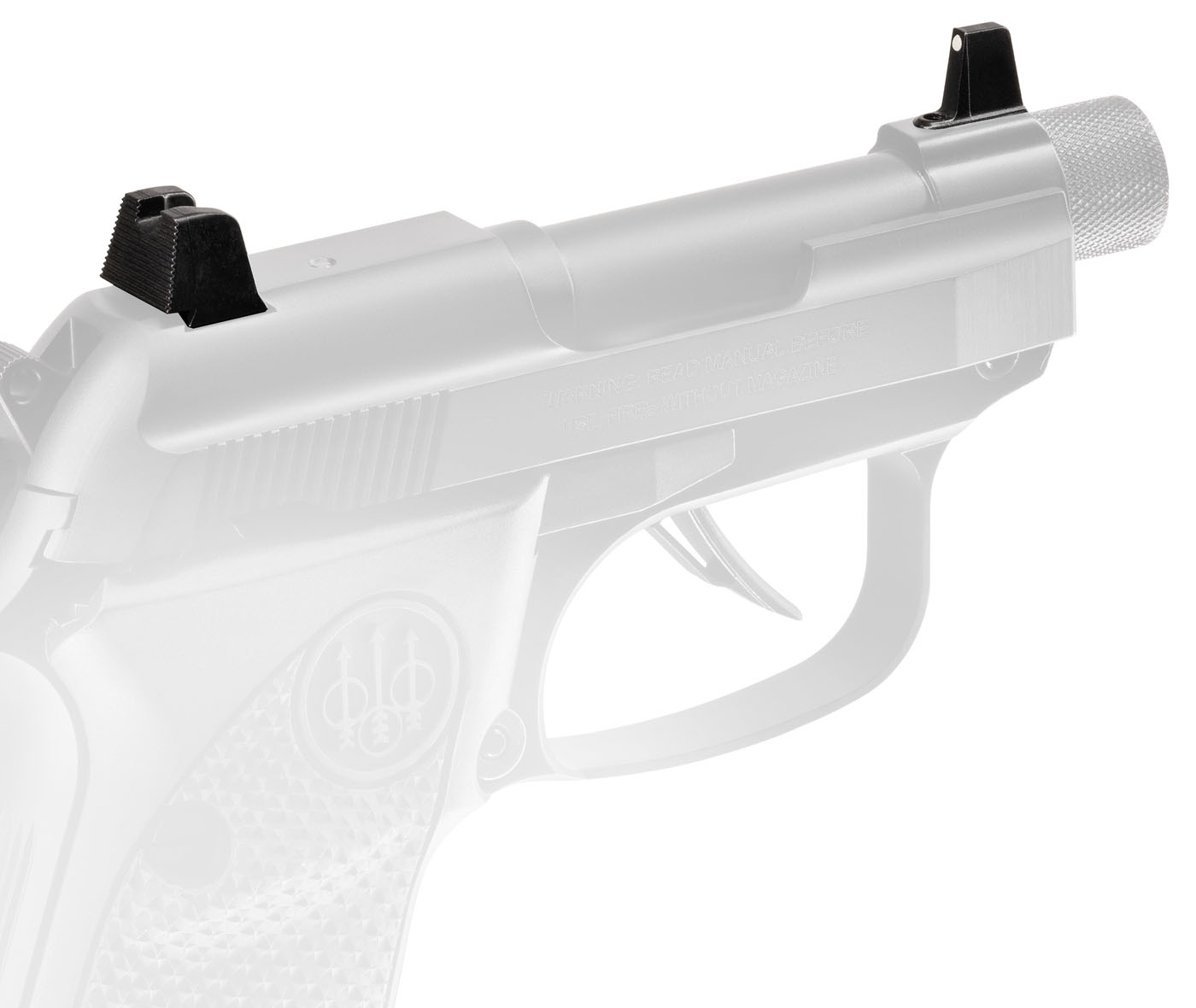 Close-up of handgun slide and iron sights