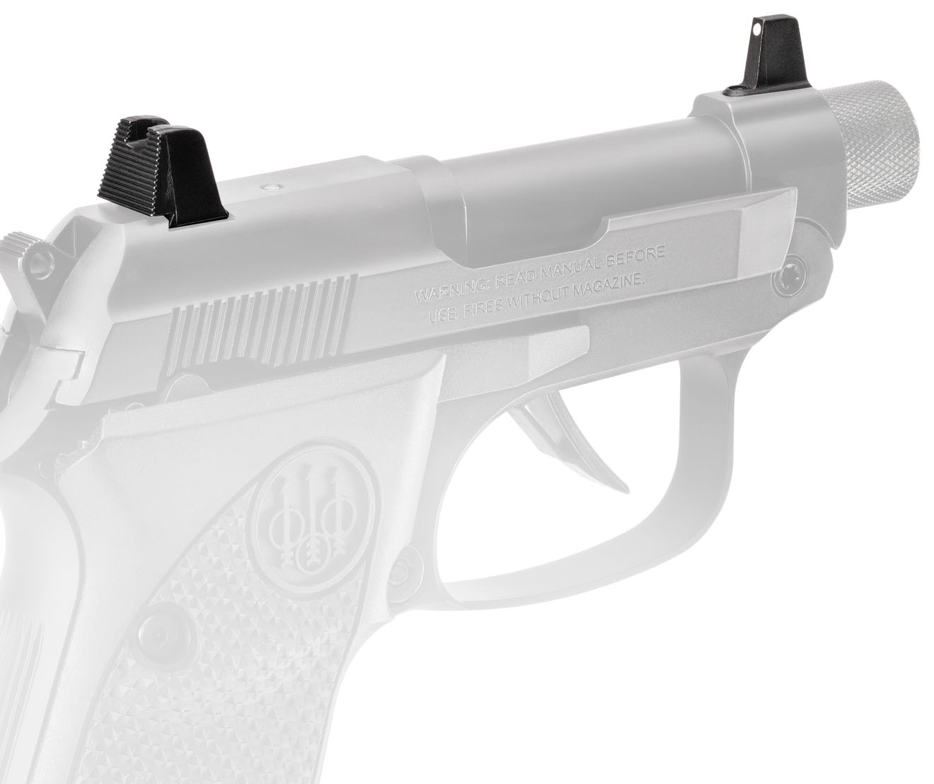 Close-up of semi-automatic pistol slide and sights