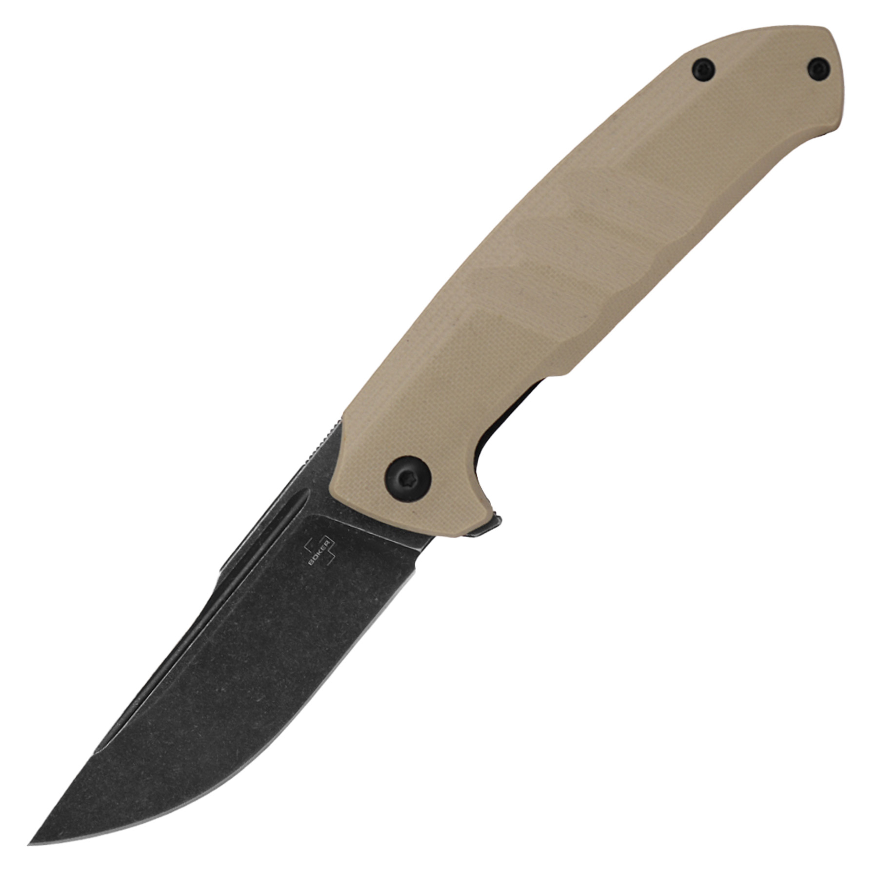Tan handle folding knife with black blade