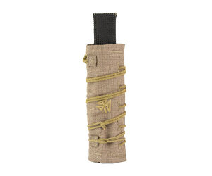 Burlap-wrapped handle with yellow cord bindings