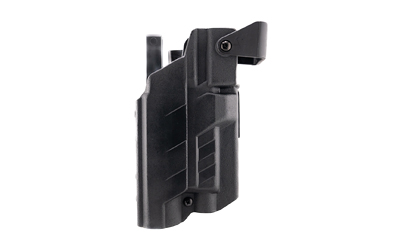 Black plastic belt holster on white background
