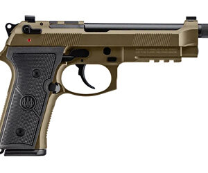 Tan and black semi-automatic pistol on white background
