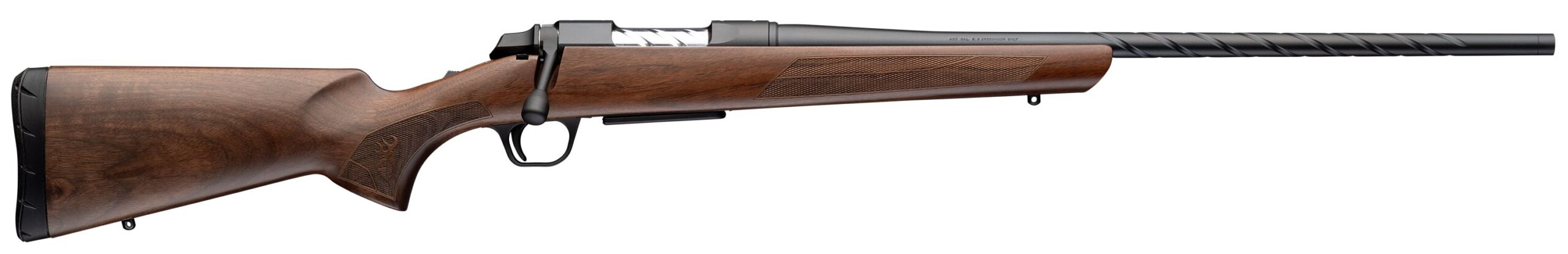 Bolt-action rifle with wooden stock on white background