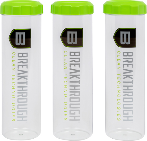 Three Breakthrough Clean Technologies bottles with green caps
