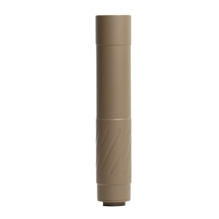Tan cylindrical firearm suppressor on white background