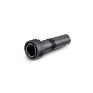 Black cylindrical plastic connector on white background