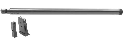 Rifle barrel with magazine components on white background