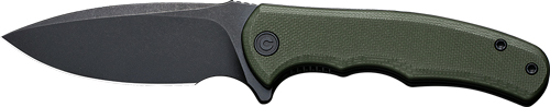 Black fixed-blade knife with green handle