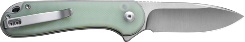 Green-handled folding knife with metal pocket clip