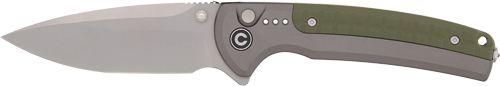 Gray folding pocket knife with green handle