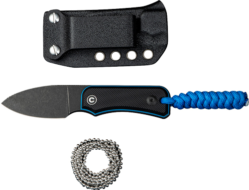 Compact fixed-blade knife with sheath and chain