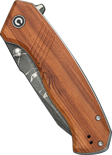 Wooden handle folding pocket knife with partially open blade