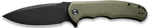 Black folding knife with olive green handle