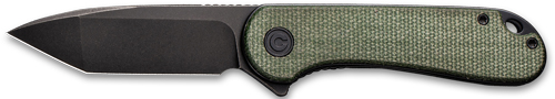 Black folding knife with green textured handle