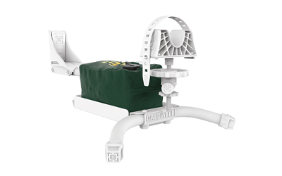 White bracket holding green cylindrical object