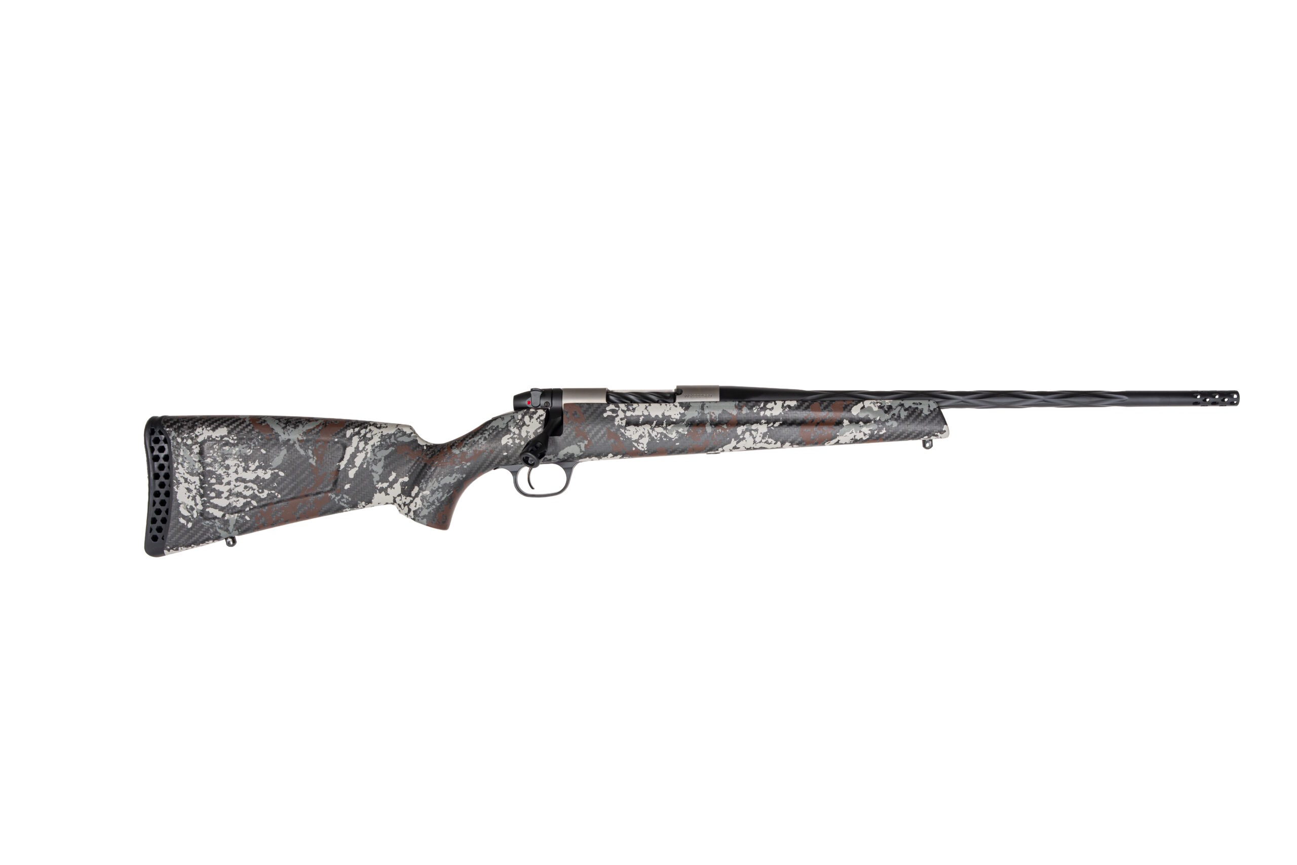 Camouflage bolt-action rifle with fluted barrel