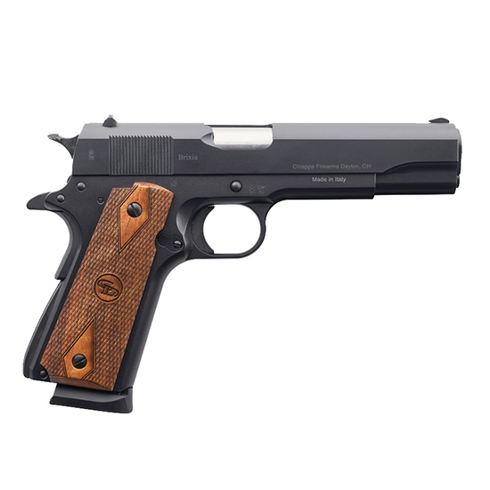 Black semi-automatic pistol with wooden grip panels